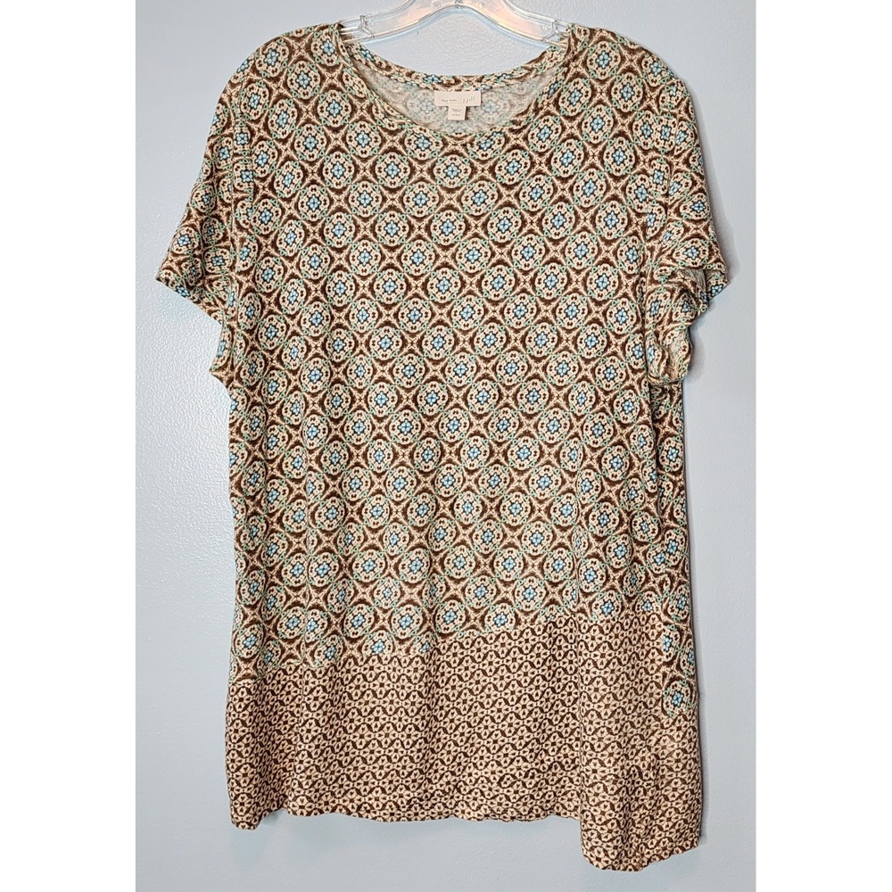 J. Jill Love Linen Top Womens Large Petite Brown Teal Medallion Print Excellent